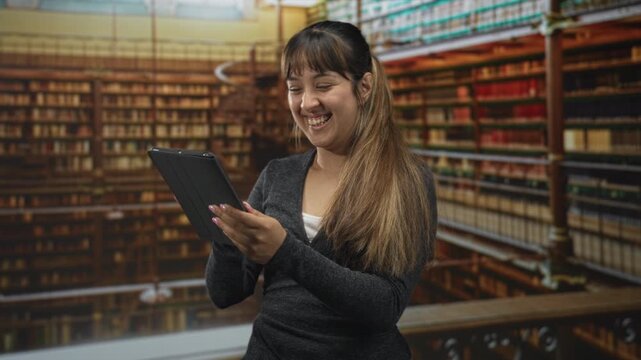 Woman smiles while holding a tablet in a library building, reading on a touchscreen device amid rows of books and a spiral staircase in the stacks; study joy learning.