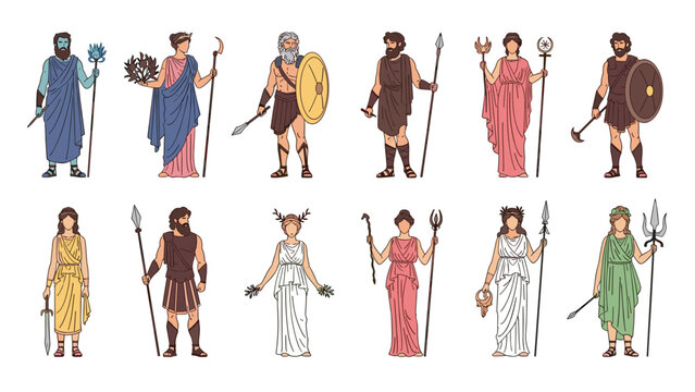 Set of various ancient Greek gods and goddesses characters depicted with their traditional attributes like spears, shields, and crowns.