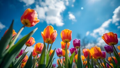 A vibrant field of colorful tulips sways gently in the breeze under a bright blue sky with fluffy white clouds.