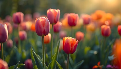 A vibrant field of tulips sways gently in the warm sunlight on a serene spring day
