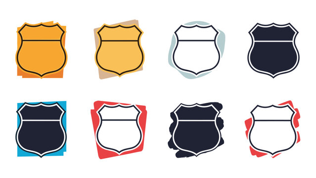 Set of colorful highway and interstate shield sign icons in various styles and colors for transportation and travel navigation graphics.