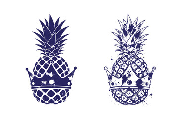 Grunge texture Pineapple with crown illustrations in blue color on white background  tropical fruit symbols Vintage Style