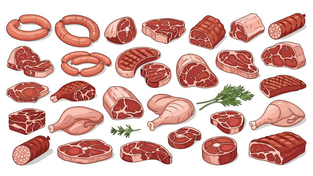 Assorted collection of raw meat cuts including beef steaks, sausages, pork chops, and poultry legs isolated on a white background for food themes.