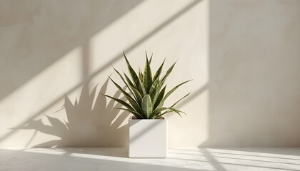 A small green plant in a white pot on a table with sunlight shining through a window.