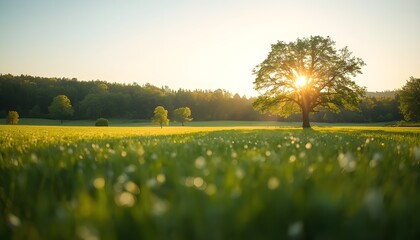 A serene landscape of a tree standing alone in a lush green field at sunset
