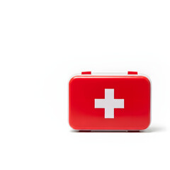 Obraz premium Bright Red First Aid Kit with White Cross on White Background