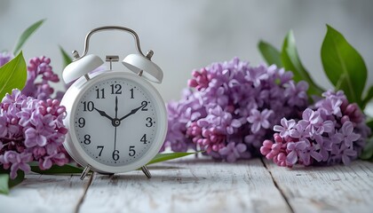 A white alarm clock surrounded by purple lilac flowers on a rustic wooden table with a blurred background