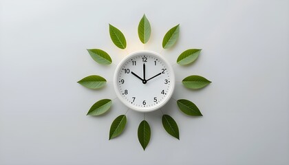 A white clock surrounded by green leaves on a plain background, symbolizing eco-friendly time management