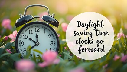 An alarm clock surrounded by pink flowers and greenery with a Daylight Saving Time reminder