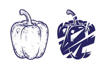 Grunge texture Two blue illustrations of bell peppers with different designs on white background Vintage Style