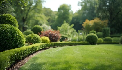 A well-manicured garden with lush greenery and vibrant shrubs on a sunny day