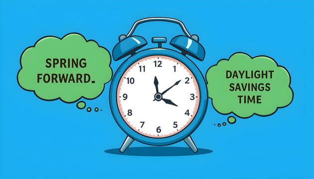 A blue alarm clock with thought bubbles about daylight savings time and spring forward on a blue background