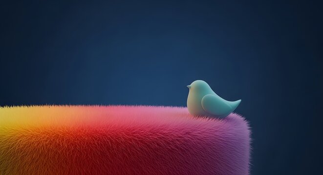 Teal bird sitting on a vibrant pink and orange fuzzy platform. Playful character design. Cute 3d bird perched on a thick textured rainbow rug surface against a dark background