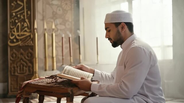 A Middle Eastern man reads the Quran in a small prayer space. The setting features a low table and prayer beads as soft morning light fills the room