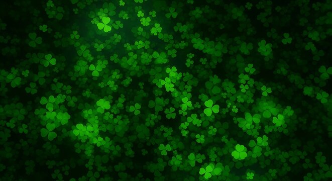 Dark green background with glowing shamrocks and particles, St. Patrick's Day theme, Canada