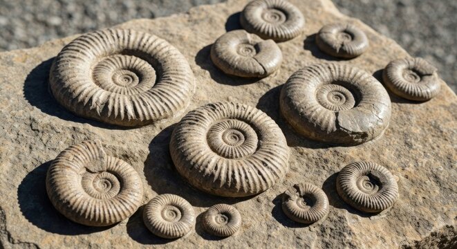 Fossilized ammonites arranged on rough, weathered rock surface