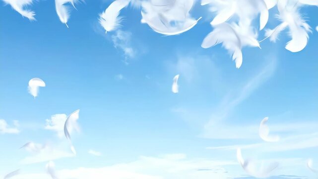 White Feathers Floating in Bright Blue Sky with Clouds.