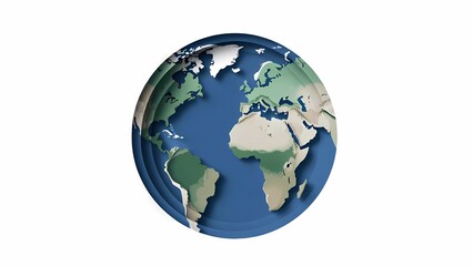 A stylized 3D rendering of the Earth globe, showcasing continents and oceans on a white background.