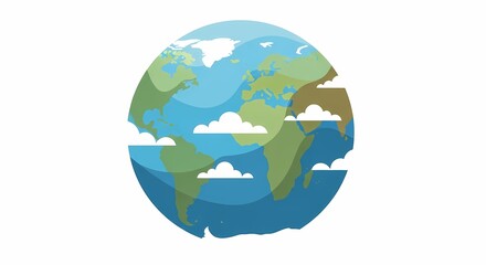 Obraz premium A stylized illustration of planet Earth with land, oceans, and white clouds floating in the atmosphere.