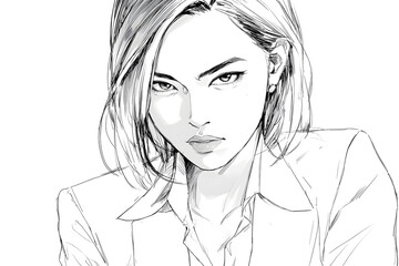 Monochrome sketch of a confident young Asian woman in a professional suit, manga style illustration