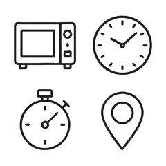 Obraz premium Set of outline icons: microwave, clock, stopwatch, and location pin