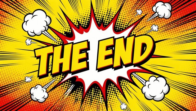 Comic Book Finale: The bold, dynamic text THE END explodes from the center of this pop art composition.