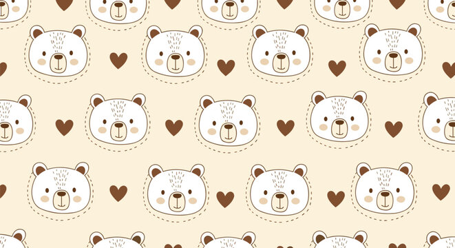 Seamless teddy bear pattern with cute cartoon faces and hearts, soft brown color palette, playful repeating background perfect for kids fabric, wallpaper, wrapping paper, and nursery designs