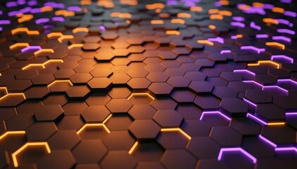 Obraz premium Honeycomb Mosaic: A dynamic mosaic of hexagonal tiles, illuminated with vibrant orange and purple hues, forming an abstract digital design. 