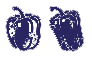 Grunge texture Two navy blue bell pepper illustrations with white details on white background Vintage Style