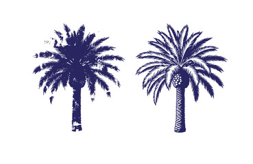 Grunge texture Two palm trees in a graphic illustration style with navy blue silhouettes against a white background  tropical plants Vintage Style