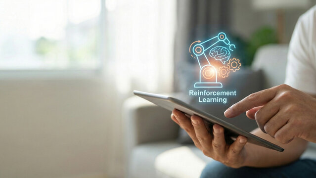 Machine learning visual tablet interface showing reinforcement learning concept with robotic arm and brain icons conveying innovation and focus