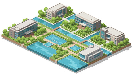 Isometric modern urban landscape with green spaces and water features