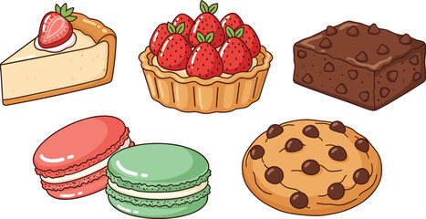 Sweet dessert cartoon collection. Cheesecake slice, strawberry tart and brownie illustration. Cute macarons and chocolate chip cookie bakery set. © IVY QUEEN