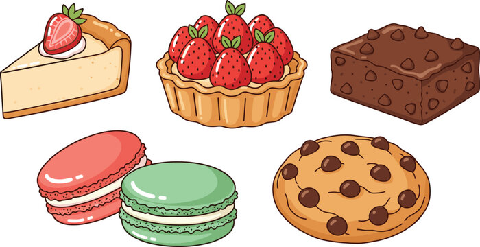 Cute dessert illustration set. Cheesecake slice, strawberry tart and chocolate brownie. Macarons and chocolate chip cookie cartoon bakery collection.