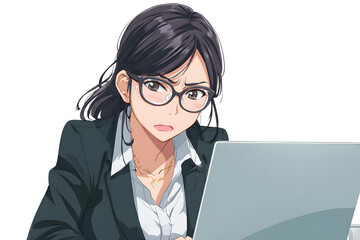 Stressed young Japanese businesswoman wearing glasses working on laptop with frustrated expression