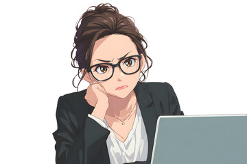 Stressed young Japanese businesswoman wearing glasses working on laptop with frustrated expression