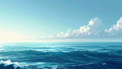 Calm Sea with Gentle Waves and Soft Clouds at Sunrise, Birds Flying