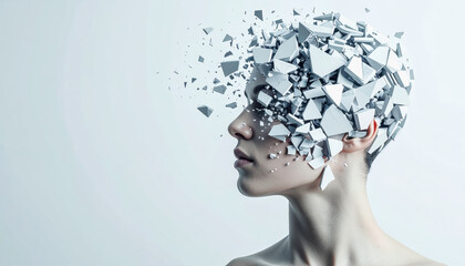 Abstract Portrait of a Woman's Head Fragmenting into Geometric Shapes