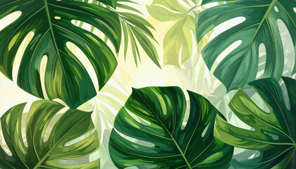 Vibrant Green Tropical Leaves with Soft Yellow and White Background