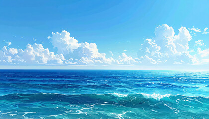 Vast Blue Ocean with White Clouds and Sparkling Waves Under Clear Sky