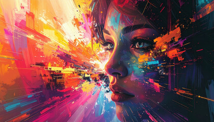 Vibrant Abstract Portrait of a Woman with Explosive Colors and Energetic Lines