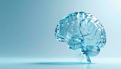 Cracked Transparent Glass Brain Sculpture with Light Refractions, Symbolizing Ideas