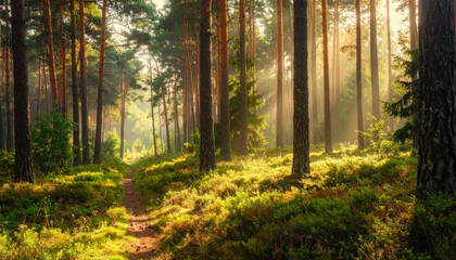 Obraz premium Sunlit Forest Path Through Pine Trees with Lush Undergrowth