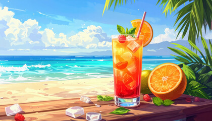 Obraz premium Beachside Cocktail with Berries, Orange, and Mint