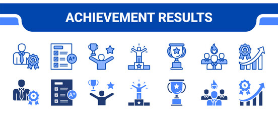 Achievement Results Icon Collection,  featuring Achievement, Results, Success, Champion, Excellence awards, Leader, Performance.