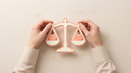 balance, hearts, equality, relationship, scale, hands, empathy. Conceptual paper art illustration showing a person holding scales with two hearts representing emotional harmony.