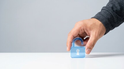 Cybersecurity, padlock, security, unlocked, privacy, data protection, access concept with a hand holding a blue translucent 3D icon for web safety and digital information defense.