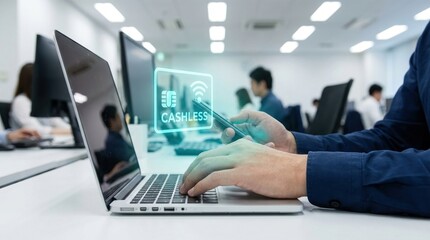 Cashless, digital payment, smartphone, laptop, office, technology, fintech concept with businessman using mobile app for secure online banking in a modern corporate environment.