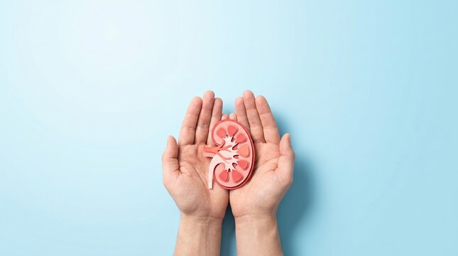 kidney health medical organ human hands healthcare concept for urology and nephrology awareness showing paper-cut renal model on blue background with copy space for donation ads