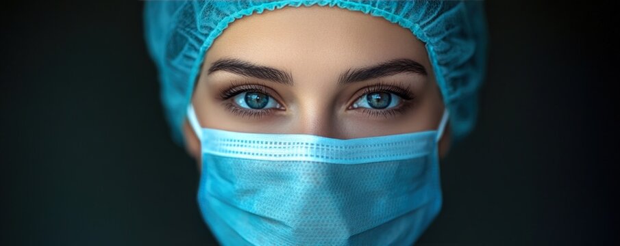 Intense blue eyes of a healthcare worker wearing a surgical mask and cap